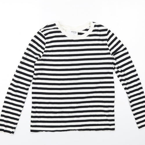 Selected Femme Womens Black Striped Cotton Basic T-Shirt Size S Round Neck