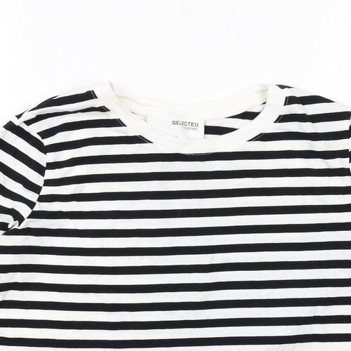 Selected Femme Womens Black Striped Cotton Basic T-Shirt Size S Round Neck