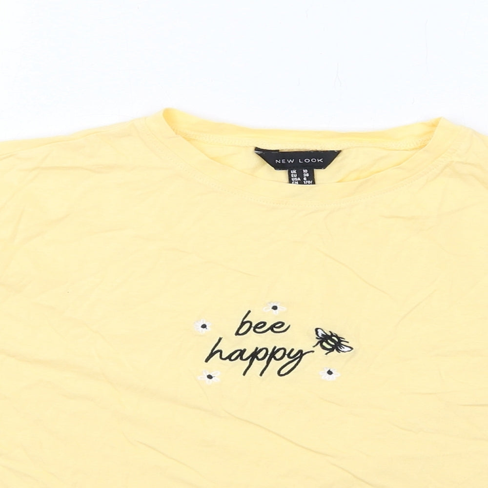 New Look Womens Yellow Cotton Cropped T-Shirt Size 10 Round Neck - Be Happy