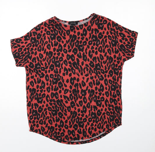 New Look Womens Red Animal Print Viscose Basic T-Shirt Size 10 Round Neck - Leopard Print