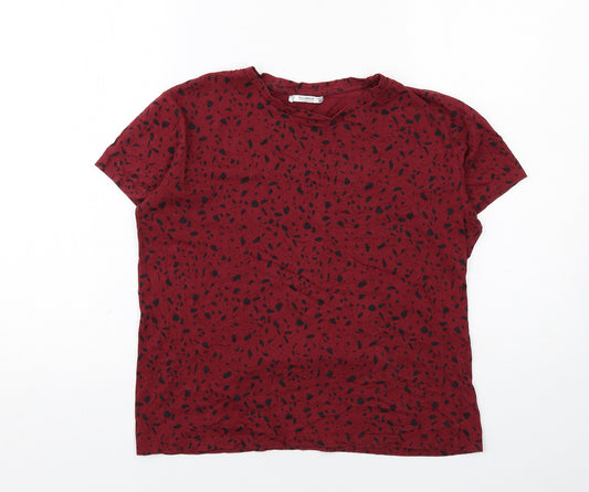 Pull&Bear Womens Red Geometric Cotton Basic T-Shirt Size S Round Neck