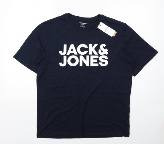 JACK & JONES Mens Blue Cotton T-Shirt Size L Round Neck