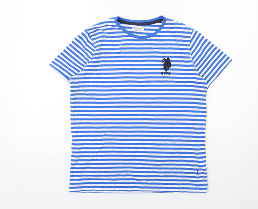 US Polo Assn. Boys Blue Striped Cotton Basic T-Shirt Size 14-15 Years Crew Neck Pullover