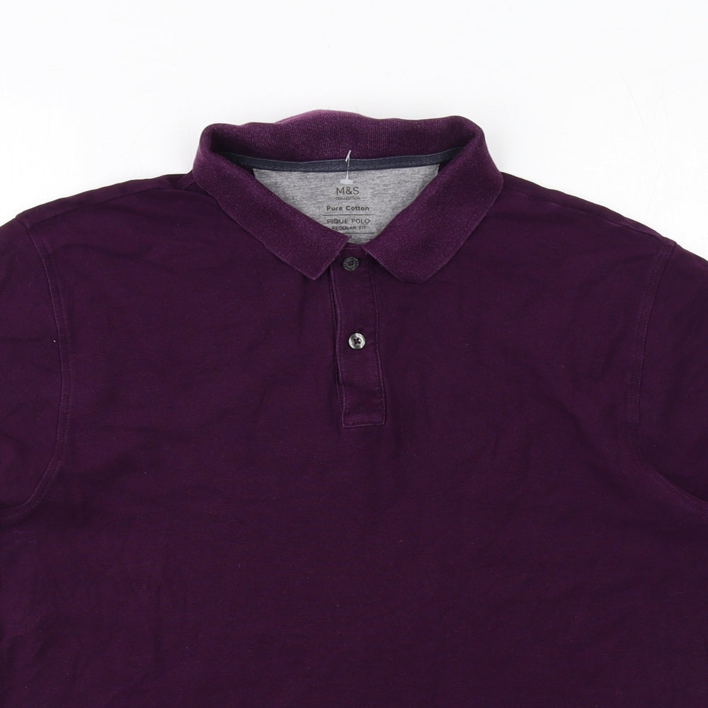 Marks and Spencer Mens Purple Cotton Polo Size M Collared Button