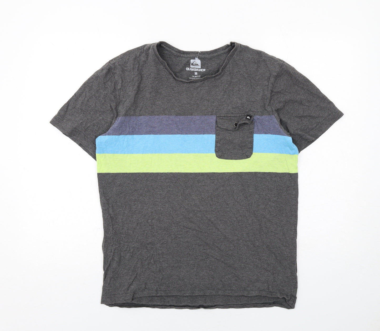 Quiksilver Mens Grey Cotton T-Shirt Size M Round Neck - Stripe Detail