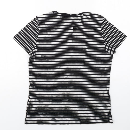 Tommy Hilfiger Womens Black Striped Cotton Basic T-Shirt Size L V-Neck
