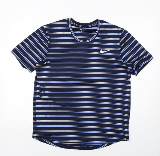 Nike Mens Blue Striped Polyester Basic T-Shirt Size L Crew Neck Pullover