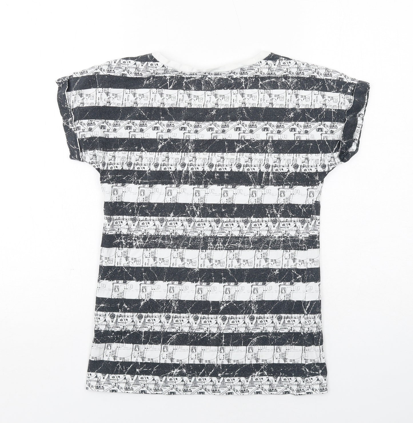 Marks and Spencer Womens Black Geometric Cotton Basic T-Shirt Size 6 Round Neck