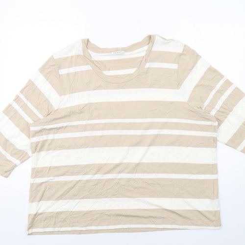 Classic Womens Beige Striped Viscose Basic T-Shirt Size 24 Round Neck