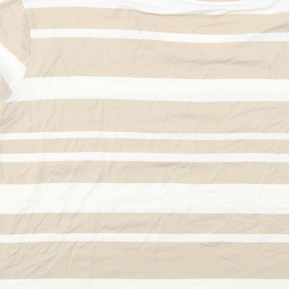 Classic Womens Beige Striped Viscose Basic T-Shirt Size 24 Round Neck
