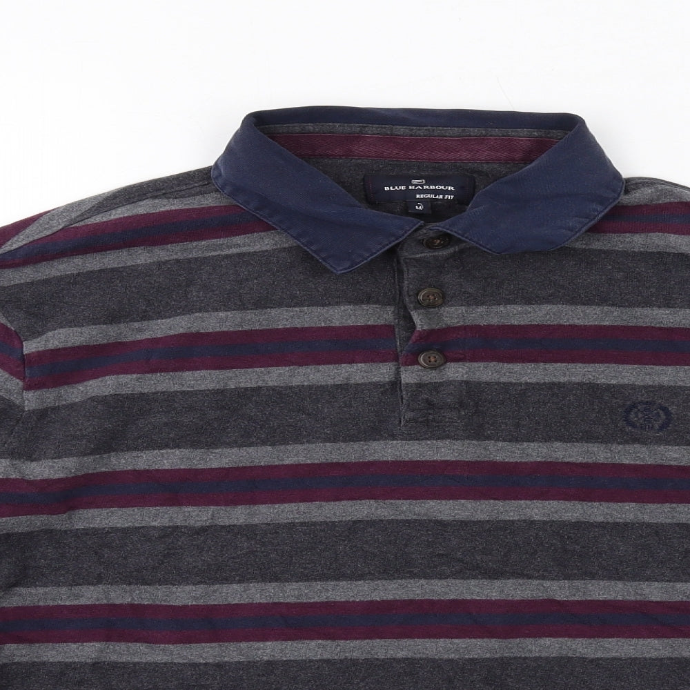 Blue Harbour Mens Grey Striped Cotton Polo Size M Collared Button