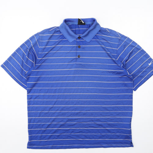 Nike Mens Blue Striped Polyester Basic Polo Size M Collared Button