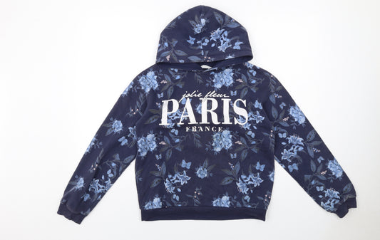 H&M Girls Blue Floral Cotton Pullover Hoodie Size 12-13 Years Pullover - Paris