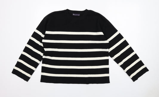 Marks and Spencer Womens Black Round Neck Striped Cotton Pullover Jumper Size L
