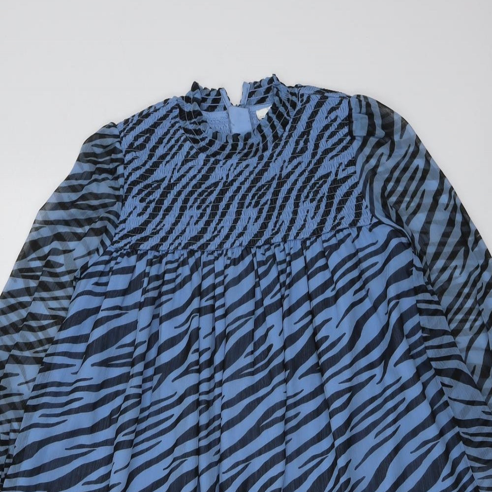 Marks and Spencer Girls Blue Animal Print Polyester A-Line Size 9-10 Years Mock Neck Zip - Zebra Pattern