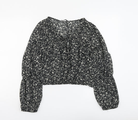 Pull&Bear Womens Black Floral Polyester Basic Blouse Size L V-Neck