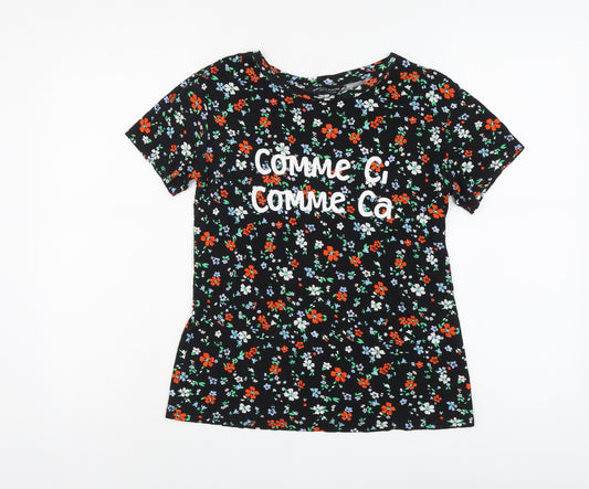 Dorothy Perkins Womens Black Floral Viscose Basic T-Shirt Size 10 Round Neck - Comme Ci Comme Ca