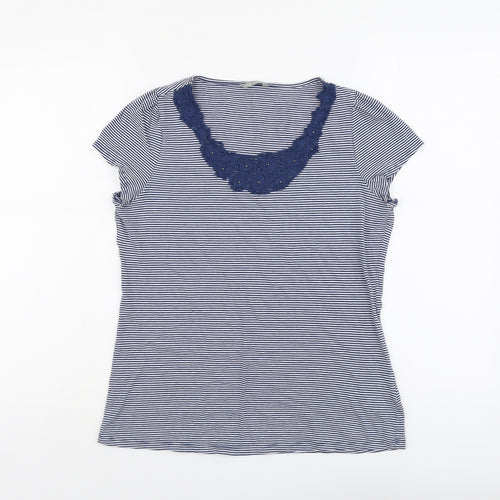 Marks and Spencer Womens Blue Striped Cotton Basic T-Shirt Size 12 Scoop Neck - Flower Neck Detail