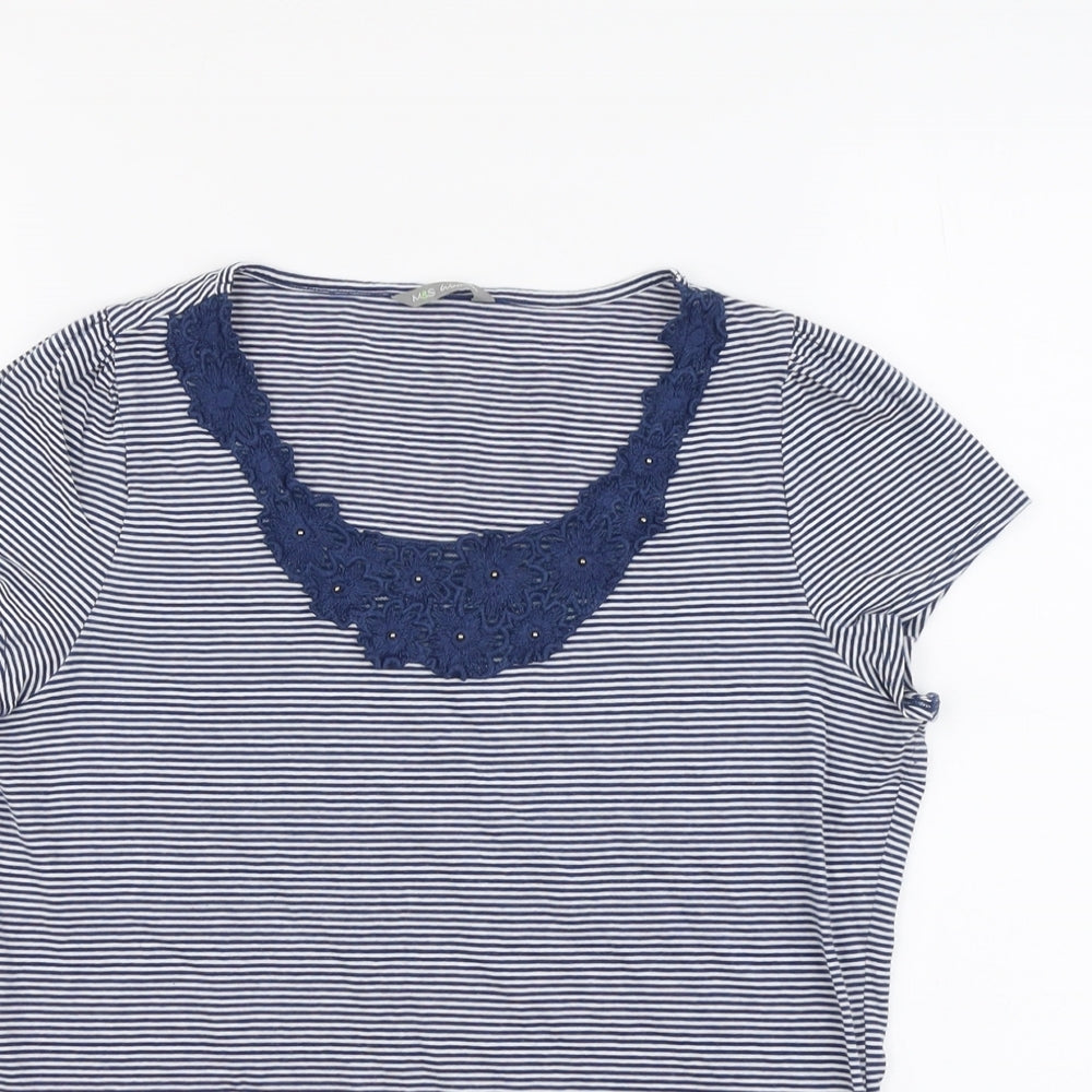 Marks and Spencer Womens Blue Striped Cotton Basic T-Shirt Size 12 Scoop Neck - Flower Neck Detail