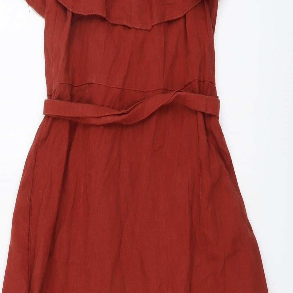 Zara Womens Red Linen A-Line Size M Off the Shoulder Button