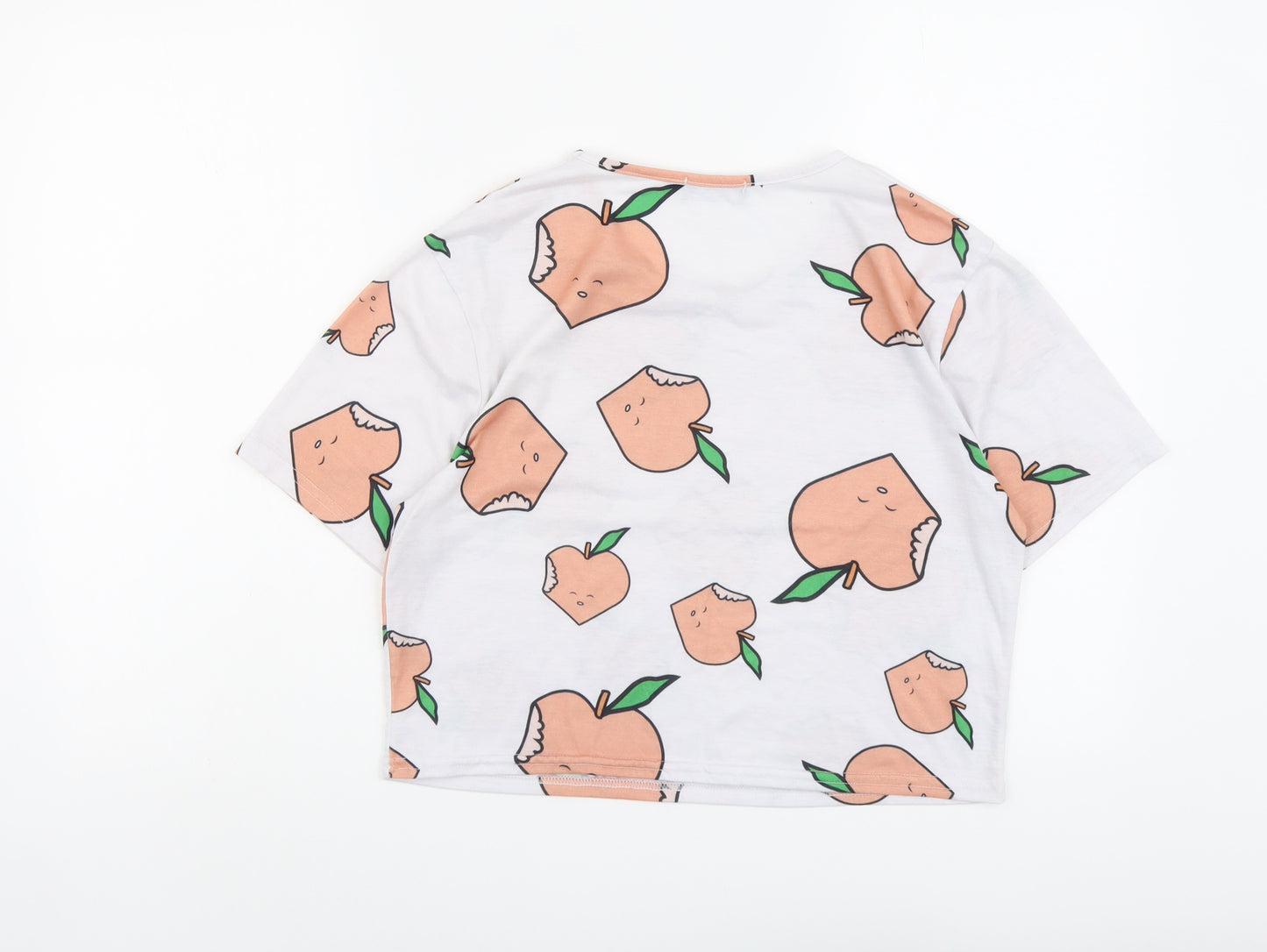 PRETTYLITTLETHING Womens White Geometric Polyester Basic T-Shirt Size S Round Neck - Apple Print