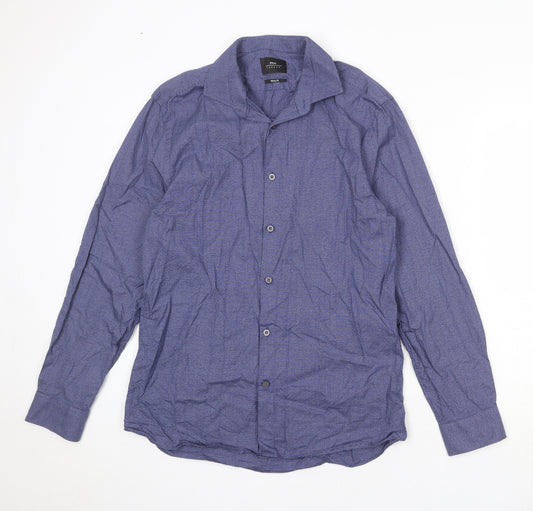 Moss Bros Mens Blue Cotton Button-Up Size 16 Collared Button