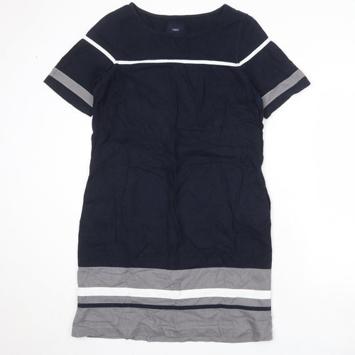 NEXT Womens Blue Colourblock Linen A-Line Size 10 Round Neck Pullover