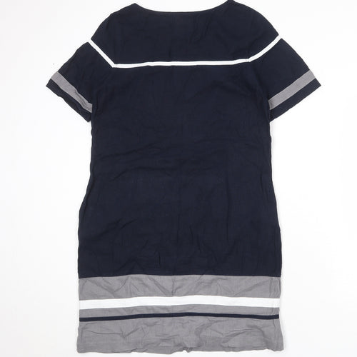 NEXT Womens Blue Colourblock Linen A-Line Size 10 Round Neck Pullover