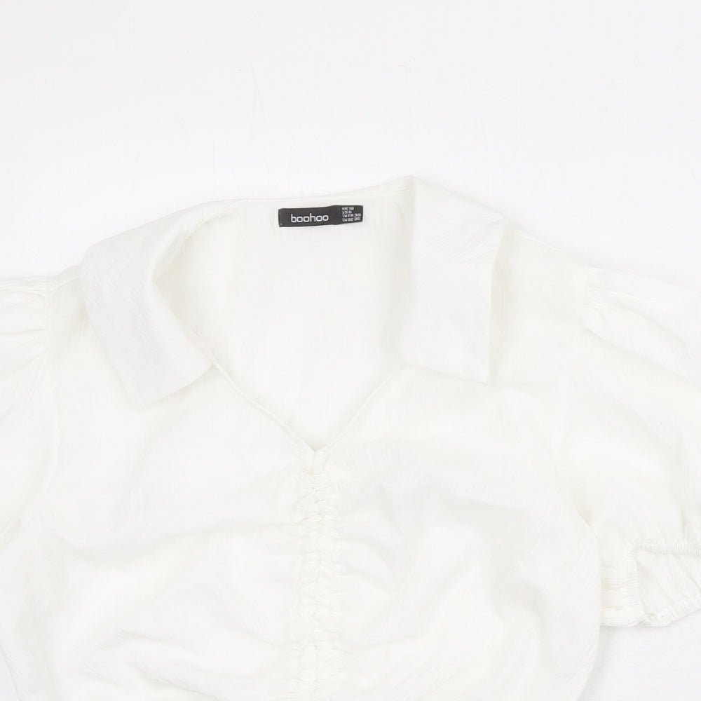 Boohoo Womens White Polyester Cropped Blouse Size 10 Collared