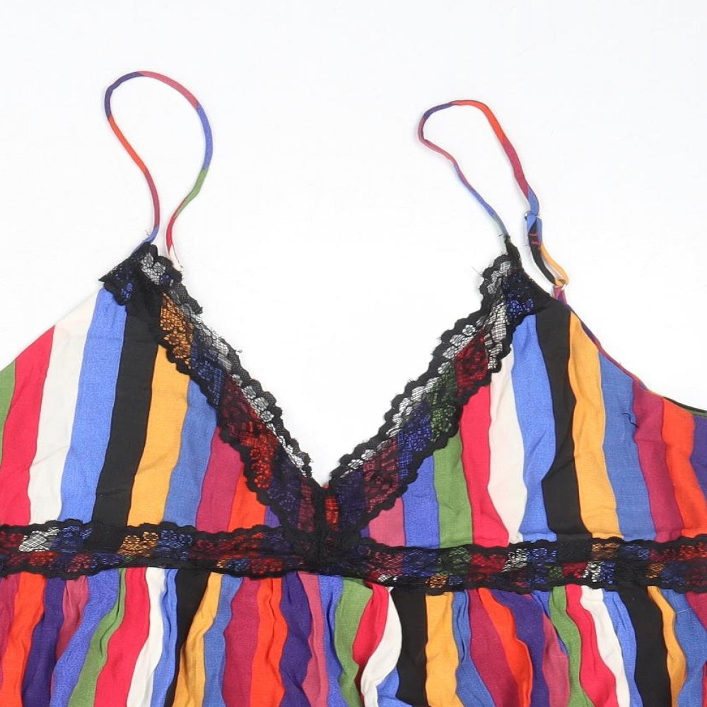 Zara Womens Multicoloured Striped Viscose Basic Tank Size L V-Neck - Lace Details