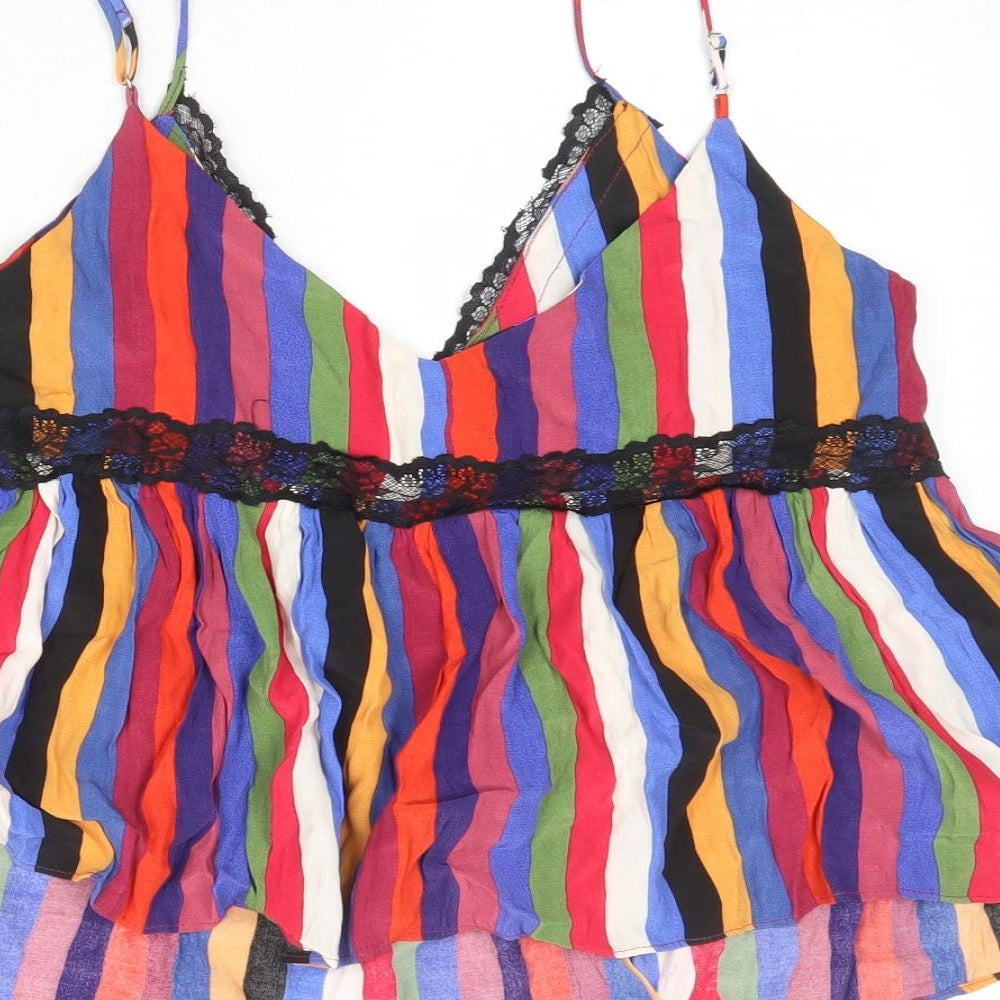 Zara Womens Multicoloured Striped Viscose Basic Tank Size L V-Neck - Lace Details