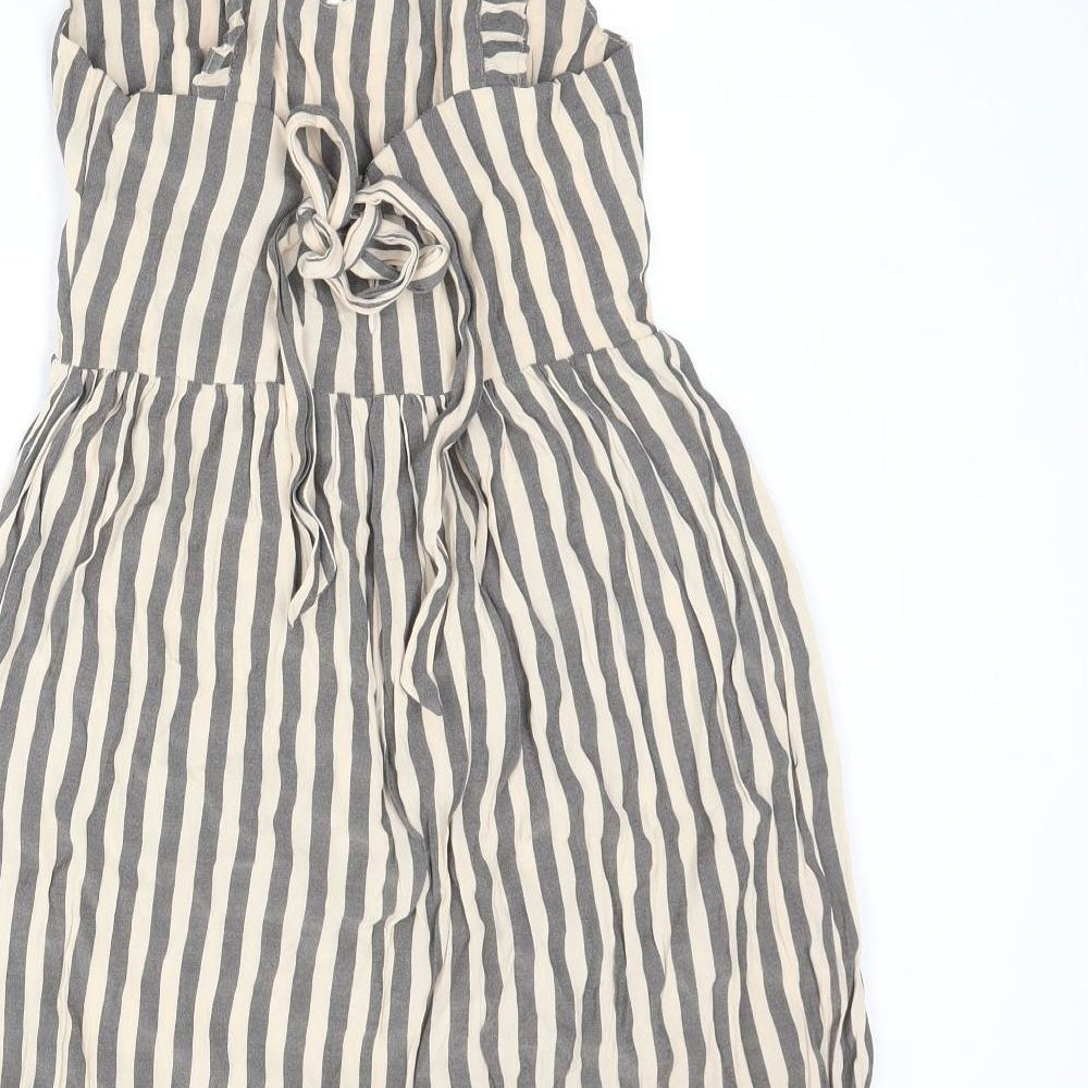 QED London Womens Beige Striped Rayon Tank Dress Size 8 V-Neck Tie