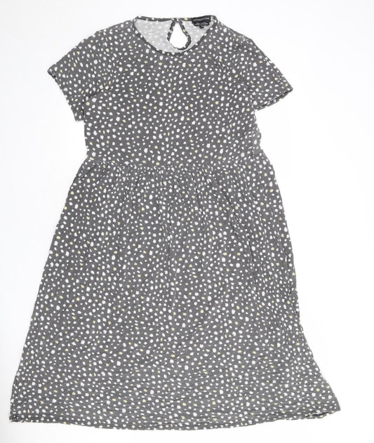 Wednesday's Girl Womens Grey Geometric Viscose T-Shirt Dress Size L Round Neck Button