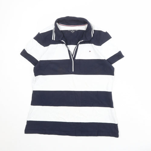 Tommy Hilfiger Womens Blue Striped Cotton Basic Polo Size L Collared