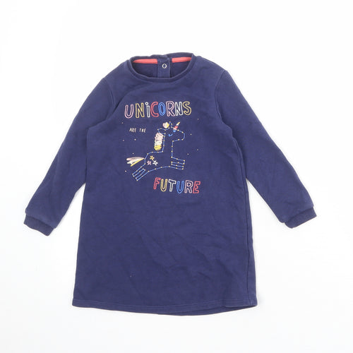 Marks and Spencer Girls Blue Cotton Jumper Dress Size 2-3 Years Round Neck Snap - Unicorns Are The Future