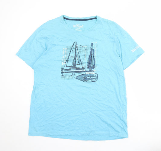 Regatta Mens Blue Cotton T-Shirt Size XL Round Neck - Sailboat