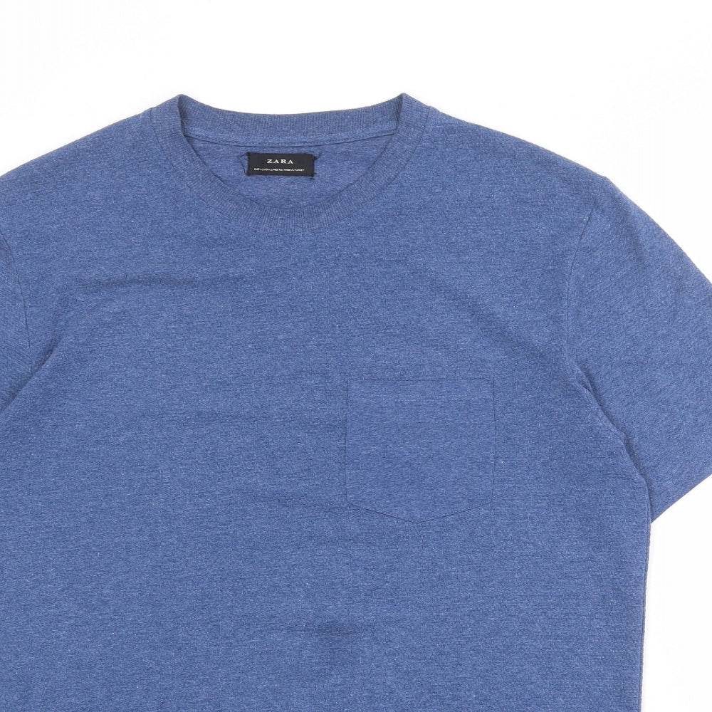 Zara Mens Blue Polyester T-Shirt Size L Round Neck