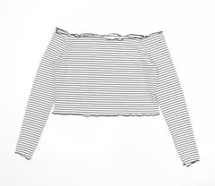 The Rockn Rev Womens White Striped Polyester Cropped Blouse Size 14 Off the Shoulder - Lettuce Hem
