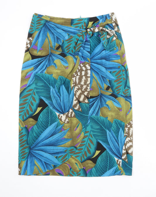 St Michael Womens Multicoloured Geometric Polyester Straight & Pencil Skirt Size 14 Zip - Leaf Pattern