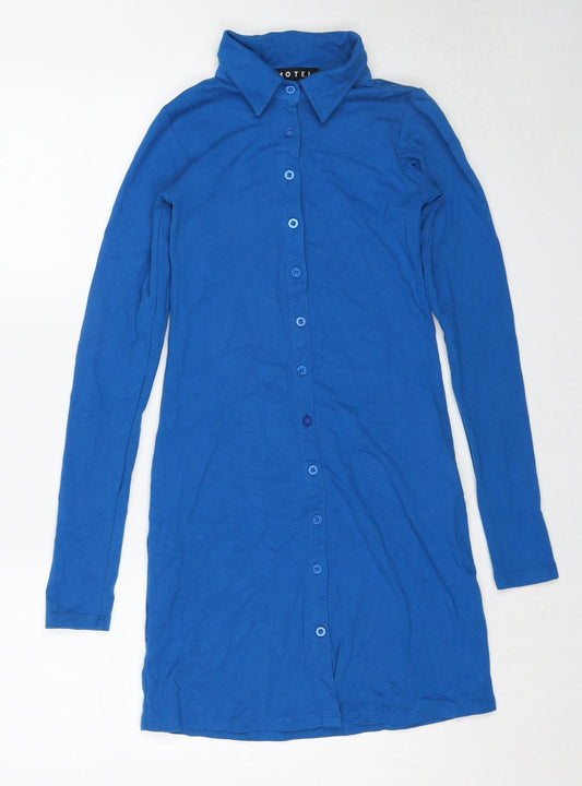 Motel Womens Blue Cotton Shirt Dress Size M Collared Button
