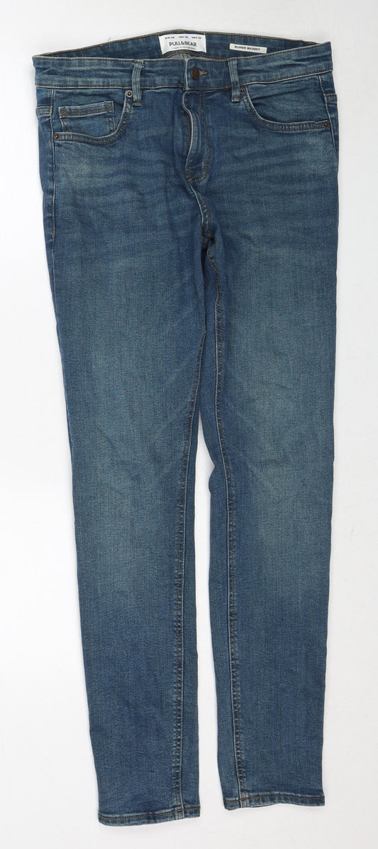 Pull&Bear Mens Blue Cotton Skinny Jeans Size S Slim Zip