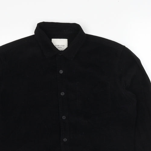 Curated Mens Black Cotton Button-Up Size M Collared Button