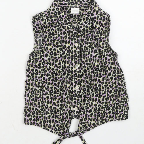 NEXT Girls Black Animal Print Cotton Basic Button-Up Size 6 Years Collared Button - Leopard Print Knot Front