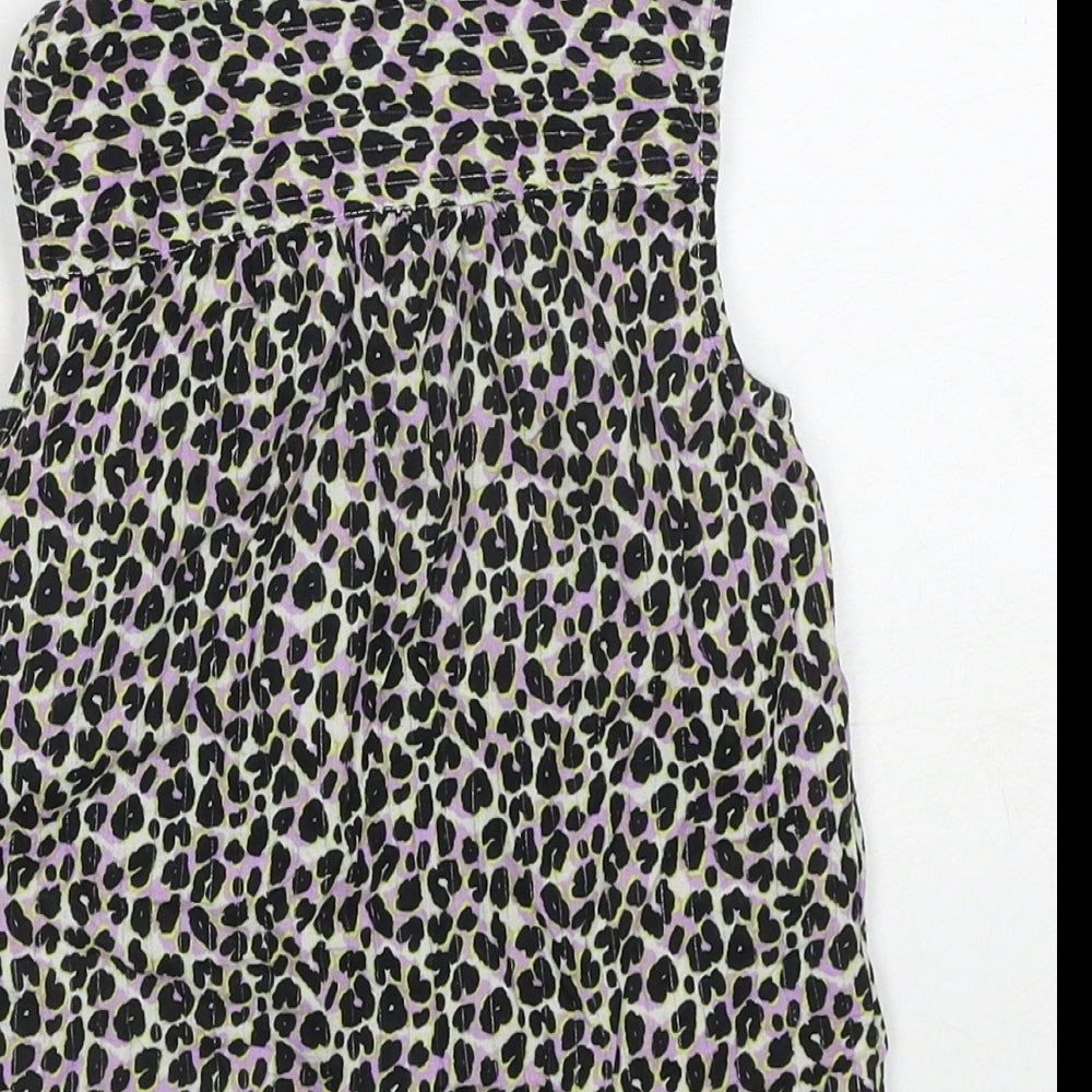NEXT Girls Black Animal Print Cotton Basic Button-Up Size 6 Years Collared Button - Leopard Print Knot Front