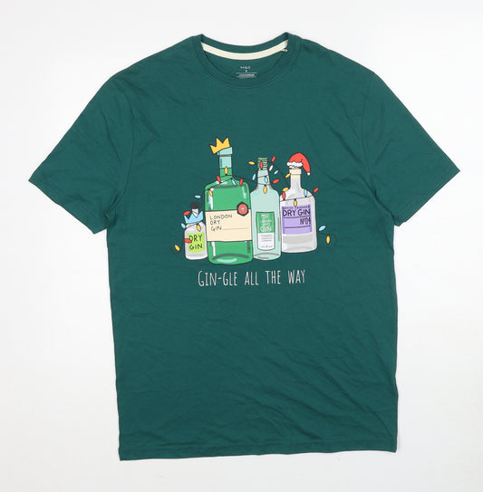 Marks and Spencer Mens Green Cotton T-Shirt Size S Round Neck - Christmas Gin-Gle all The Way