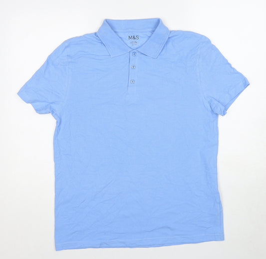 Marks and Spencer Boys Blue Cotton Basic Polo Size 14-15 Years Collared Pullover