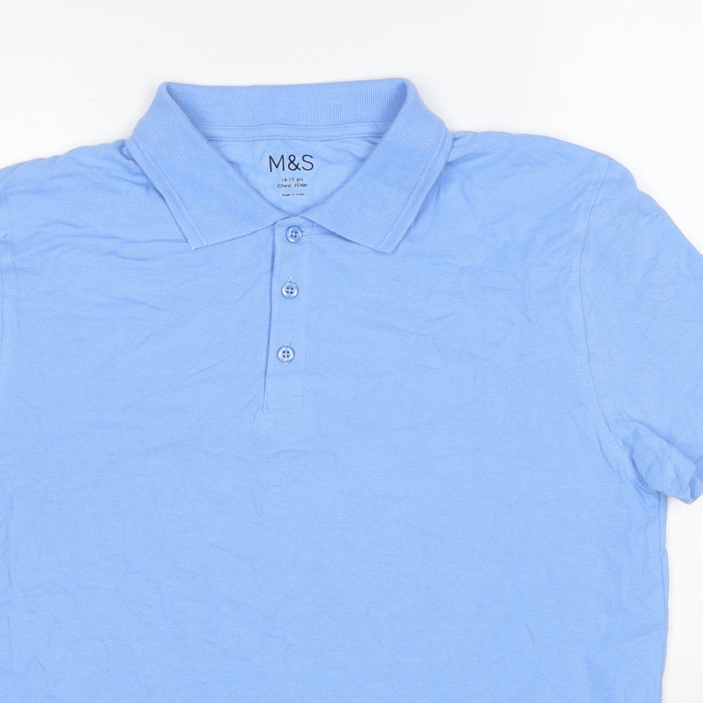 Marks and Spencer Boys Blue Cotton Basic Polo Size 14-15 Years Collared Pullover