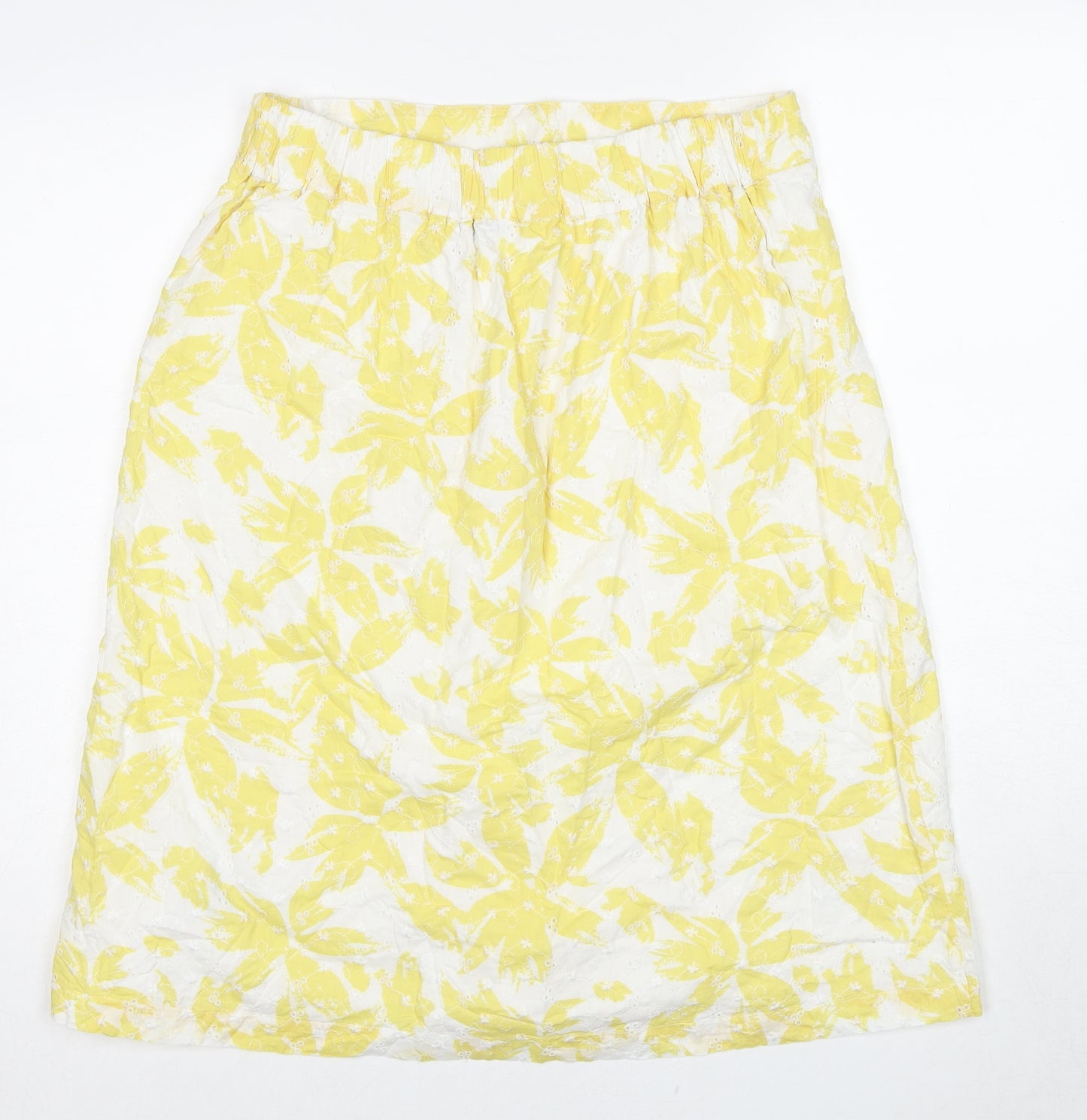 Marks and Spencer Womens Yellow Geometric Cotton A-Line Skirt Size 14 - Leaf Pattern