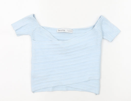 Bershka Womens Blue Viscose Cropped T-Shirt Size M V-Neck