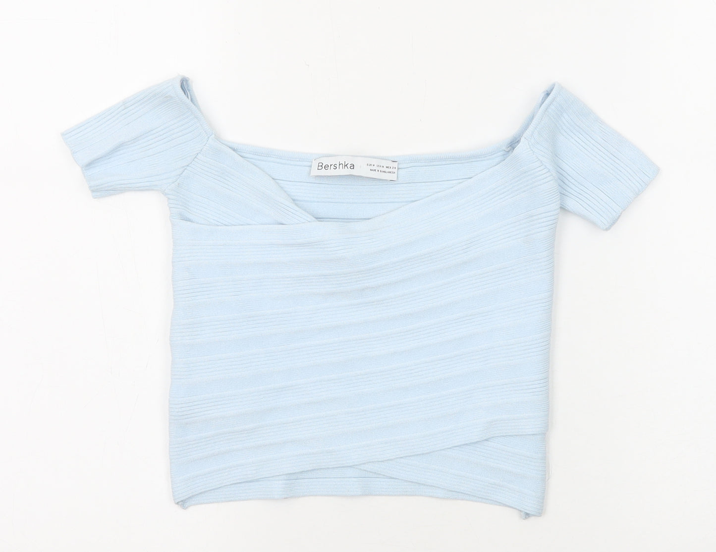 Bershka Womens Blue Viscose Cropped T-Shirt Size M V-Neck